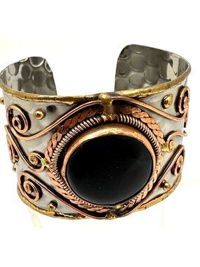 Black Stone Hammered Cuff Bracelet Mixed Tone Metal Western Rustic Boho